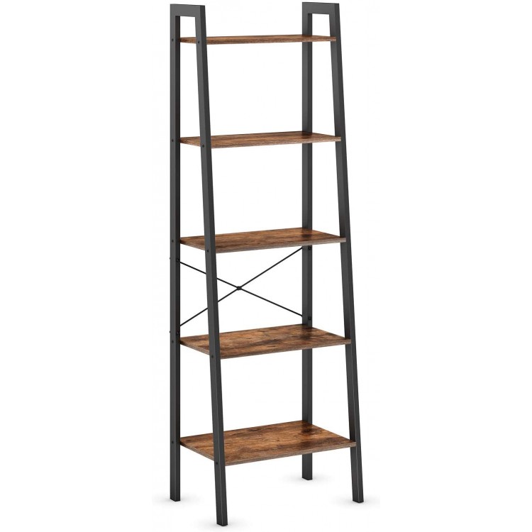 Ballucci Ladder Shelf Bookcase 5-Tier Storage Rack Display Bookshelf & Plant Stand Wood with Black Steel Frame Industrial Accent Furniture for Living Room Office Bathroom Bedroom Rustic Brown
