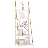 FINETONES 5-Tier Ladder Shelf Free Standing A-Shape Display Bookcase Storage Organizer Unit with Metal Frame Flower Stand Plant Rack for Living Room Kitchen Bathroom Home Office White Gold