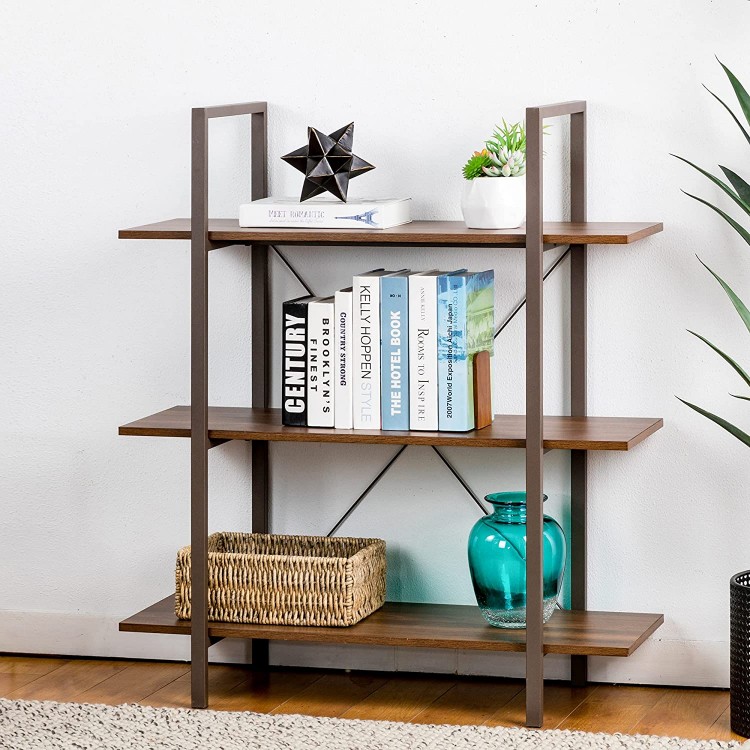 Glitzhome 3 Tier Bookshelf Walnut Wood Books Shelves Holder Accent Rustic Bookcase Storage Organizer Magazine Movies Display Rack with Standing Metal Frame for Bedroom Living Room Office Study Room