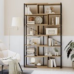 HITHOS Industrial 7-Tier Rotating Bookshelf Double Wide Bookcase Open Etagere Bookcase Wood Corner Shelf with Metal Frame Tall Storage Display Rack for Home Office Living Room Rustic Brown