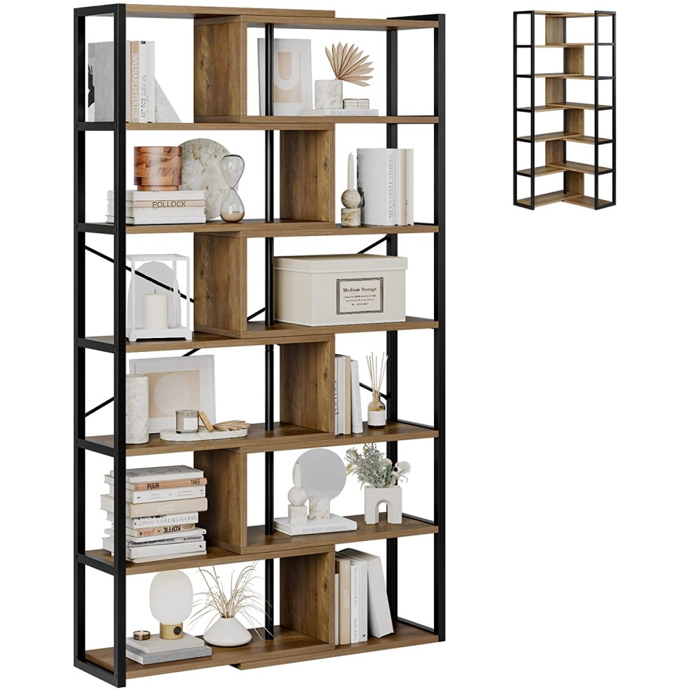 HITHOS Industrial 7-Tier Rotating Bookshelf Double Wide Bookcase Open Etagere Bookcase Wood Corner Shelf with Metal Frame Tall Storage Display Rack for Home Office Living Room Rustic Brown