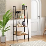 JEROAL 4 Tier Ladder Shelf Wooden Leaning Bookshelf Storage Display Shelves Open Bookcase with Metal Frame Perfect for Home Office or Bedroom Rustic Brown