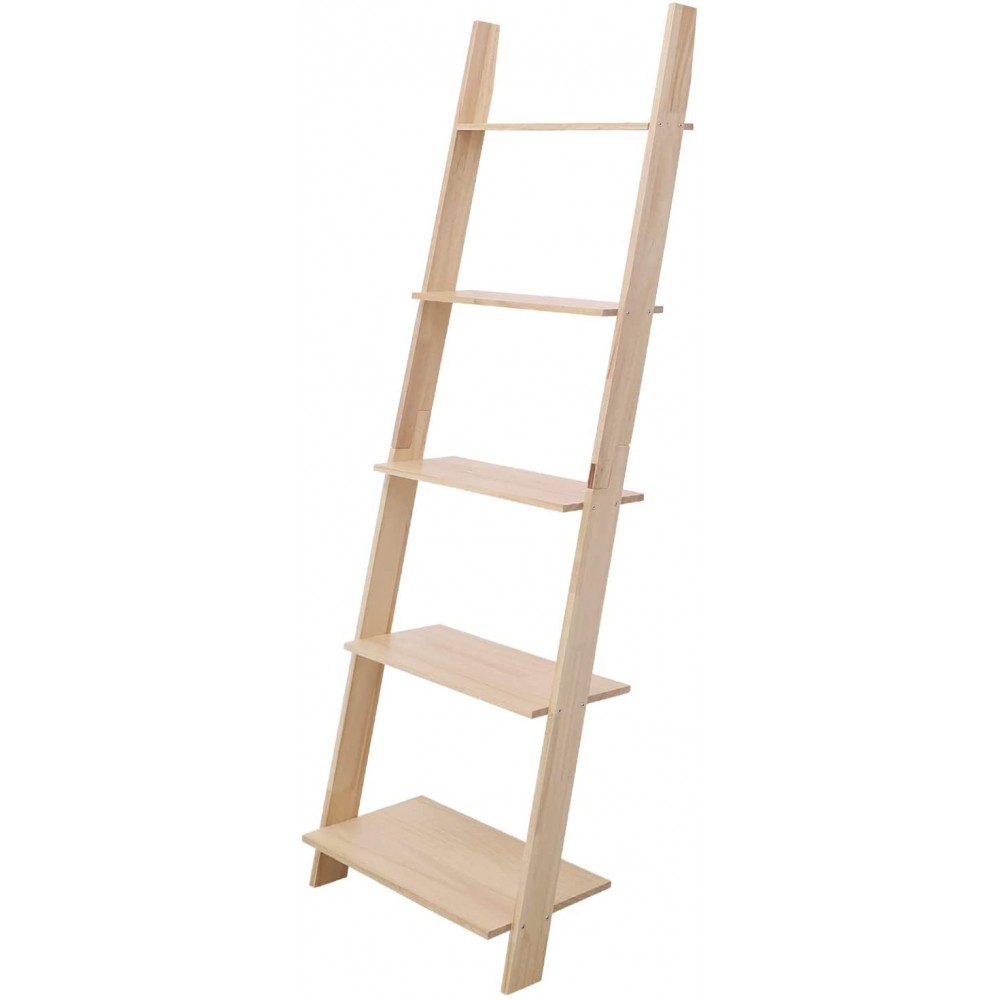 Kunghei Wood Ladder Shelf Wall Leaning Storage Rack Shelves 5 Tier Bookshelf Free Standing Stand Holder for Living Room Office