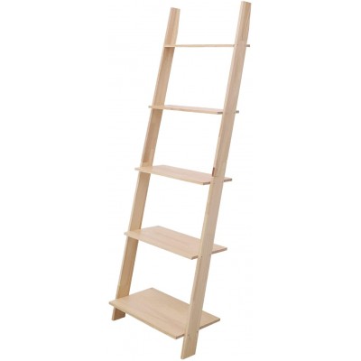Kunghei Wood Ladder Shelf Wall Leaning Storage Rack Shelves 5 Tier Bookshelf Free Standing Stand Holder for Living Room Office