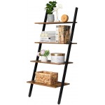 Ladder Shelf 4-Tier Bookshelf Storage Rack Shelves for Living Room Kitchen Office Steel Stable Sloping Leaning Against The Wall Industrial MDF Brown