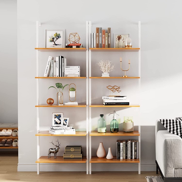 SogesHome Industrial Wall-Mounted Ladder Shelf 5-Tier Modern Bookshelf with Industrial Metal Frame Bookcase Organize Plant Flower Display Stand for Kitchen Living-Room Bedroom Office