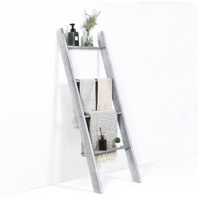 Tangkula 4-Tier Wooden Blanket Ladder 4.5 ft Farmhouse Storage Rack Wall Leaning Ladder Shelf Stand Decorative Blanket Shelf for Living Room Bathroom & Bedroom Grey